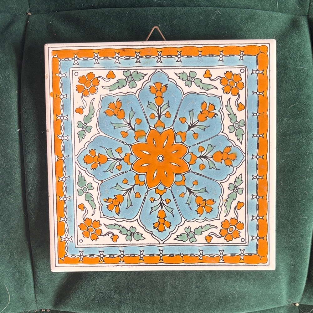 Handcrafted Floral Wall Tile in Orange and Blue